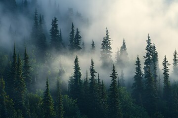 A misty forest cloaked in thick fog reveals tall, shadowy trees and intricate textures illuminated by soft light, creating an enchanting atmosphere.