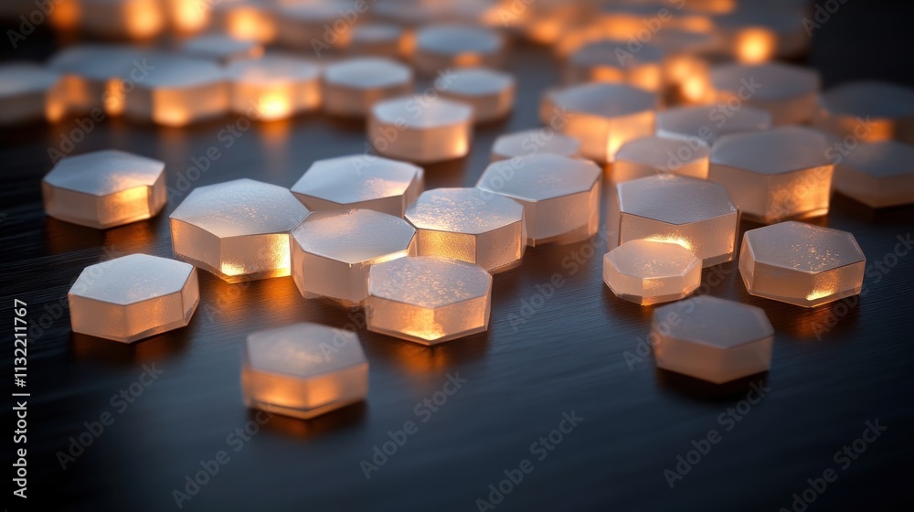 Poster Illuminated Hexagonal Objects Scattered On Dark Surface