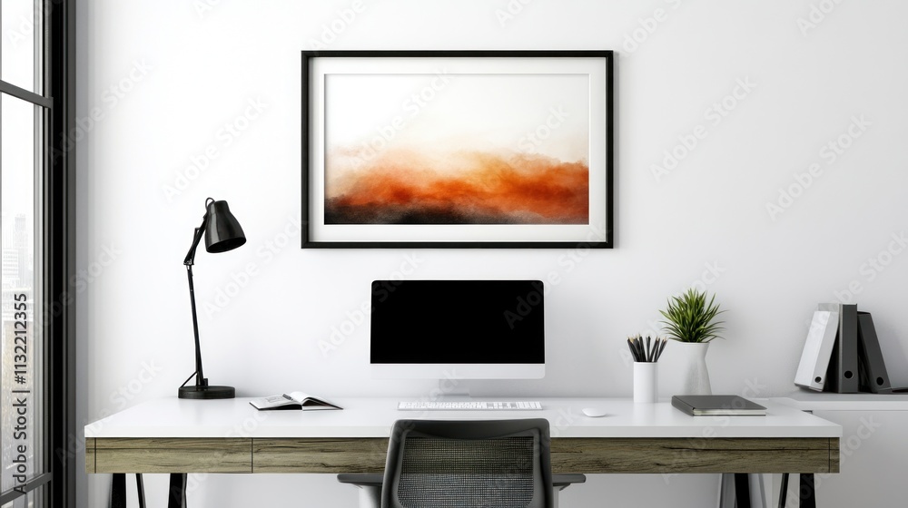 Poster modern minimalist workspace with orange abstract art