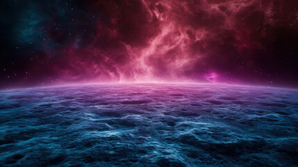 Fototapeta premium Stunning Cosmic Landscape with Vibrant Pink and Blue Clouds Above Serene Ocean Surface