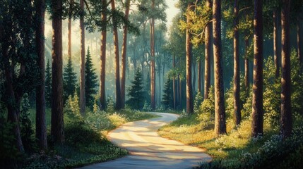 A winding road cuts through tall, lush pine trees, creating a tranquil scene with sunlight softly filtering through the forest canopy