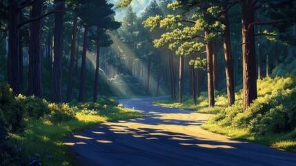 Obraz premium A winding road cuts through tall, lush pine trees, creating a tranquil scene with sunlight softly filtering through the forest canopy