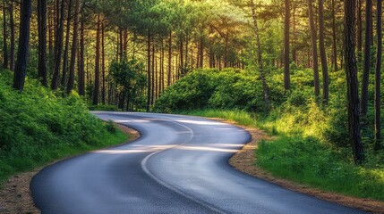 Fototapeta premium road cuts through towering pines, surrounded by dense greenery, with patches of sunlight breaking through the forest canopy