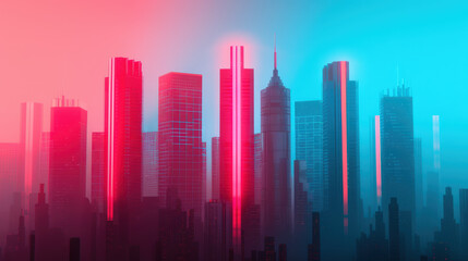 Obraz premium Futuristic Cityscape with Neon Lights and Abstract Geometry in Pink and Blue Hues