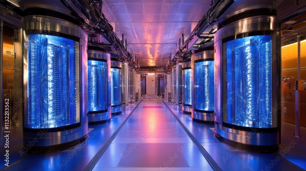 Poster illuminated data center servers in glass enclosures