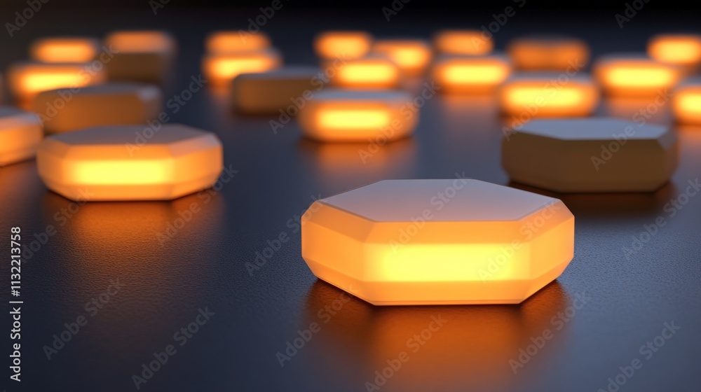 Poster Illuminated Octagonal Objects Scattered On Dark Surface