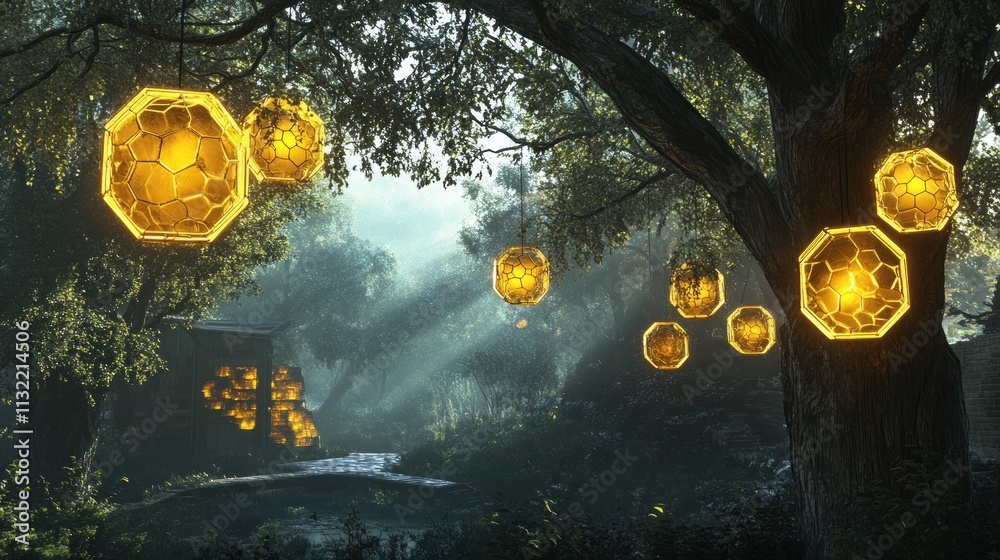 Poster enchanting golden lanterns illuminate a mystical forest path
