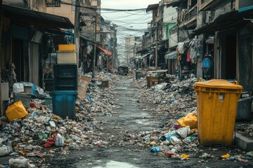 Fototapeta premium Pollution crisis overcrowded urban area with litter-strewn streets neglected environment and urgent need for action to combat waste management issues