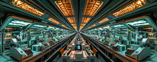 Obraz premium Pharmaceutical and Beverage manufacturing concept. wide angle view of modern beverage production facility showcasing advanced technology and