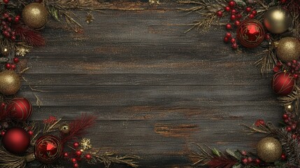 An elegant Christmas corner border featuring red and gold ornaments, framed around a rustic wood background.