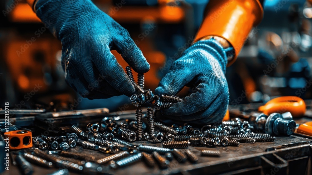 Poster Sorting screws and fasteners in a standardized procedure workshop environment close-up view industrial organization