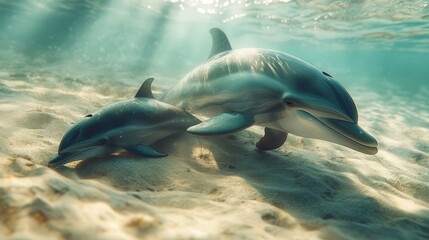 Obraz premium mother dolphin and her calf resting close together in shallow waters, their bodies shimmering against the sandy ocean floor