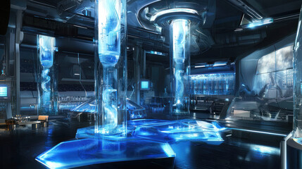 Fototapeta premium Pharmaceutical and Beverage manufacturing concept. Futuristic beverage fusion plant with dynamic liquid displays and technology