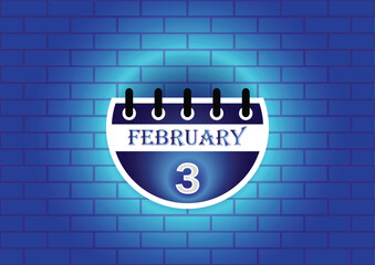 Obraz premium February 3 calendar sign on blue neon brick wall background. Flat design style. Date, day and month. Vector illustration.