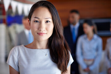 Obraz premium Office, portrait and woman with ambition for law firm, professional career and pride for justice. Workplace, female person and lawyer with confidence for court case, legal advice and proud attorney