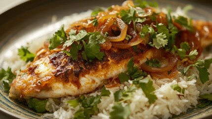 A plate of Saudi-style fried fish (Sayadieh) with caramelized onions and rice, garnished with parsley 