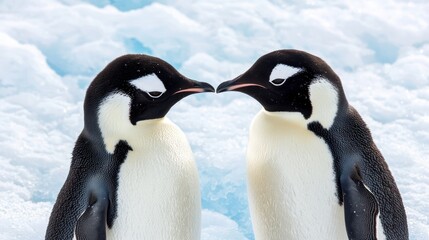 Obraz premium Two adorable penguins face each other against a backdrop of ice, showcasing their playful interaction in a cold, serene environment.