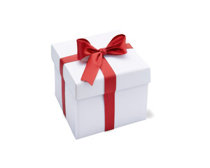 Fototapeta premium White gift box with red bow and ribbon, no background.