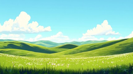 Fototapeta premium Distant hills. Hilly steppe. Curvy hills. Blue sky and grass. Beautiful plain. Sunny day and hills. Lowland. Hilly horizon 