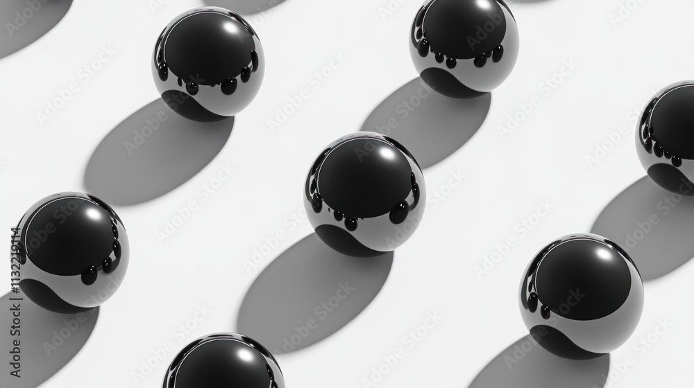 Poster shiny black spheres arranged in a pattern on white