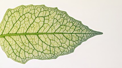Obraz premium A close-up of a single leaf's intricate veins on the left, with a pure white background.