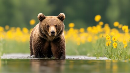 Obraz premium A brown bear wades through a tranquil landscape of yellow flowers, embodying nature's beauty and the wilderness.