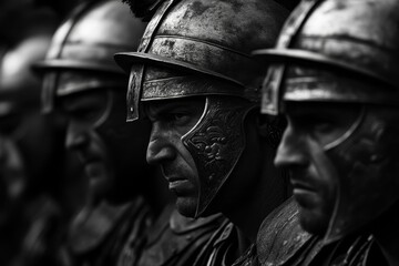 Close-up, monochrome, soldiers, helmets, serious expressions.
