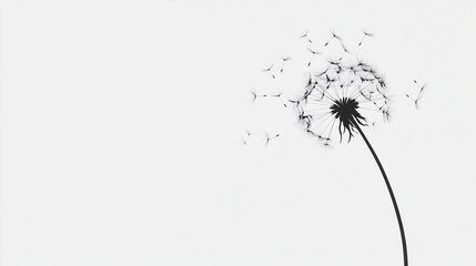 A delicate dandelion puff on the right with a light gray background.

