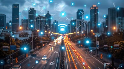 Obraz premium Modern city highway network with glowing digital connectivity. 