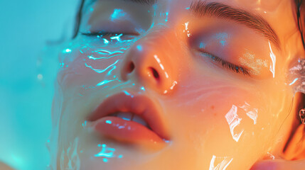 Fototapeta premium Close-Up of a Serene Young Woman's Face Covered in Clear Gel, Glowing and Radiating Colorful Light, Capturing Tranquility and Beauty in a Modern Artistic Style
