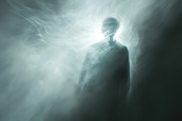 Fototapeta premium Glowing, ethereal figure emerges from smoky mist.