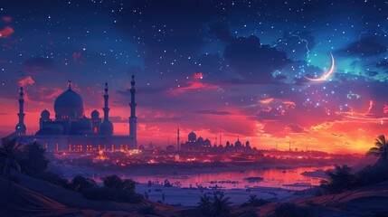 Obraz premium Mystical Arabian Nightscape. Sunset view of a grand mosque and city with a crescent moon and stars.