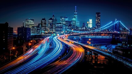 Obraz premium Night city lights, illuminated highway, urban landscape.