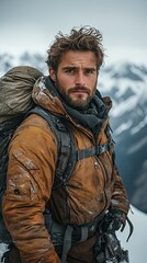 Obraz premium Rugged Adventurer on Snowy Mountain Peak