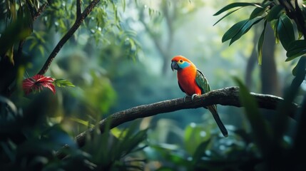 Hidden Exotic Bird Perched on Vibrant Jungle Branch,A candid wildlife photograph showcasing a rare bird species with bright plumage blending into its natural habitat. 