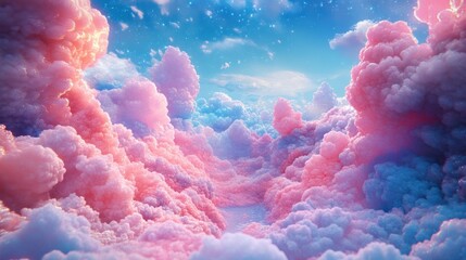 Fantasy sky with sugar cotton sofy blue clouds in a dreamy background  - obrazy, fototapety, plakaty