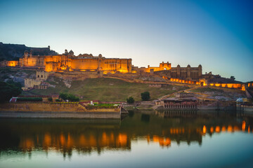 Night view of Amber fort, or Amer fort, in Jaipur, Rajasthan, India