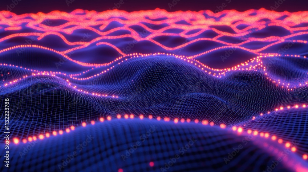Poster Abstract Digital Landscape with Glowing Nodes and Grid