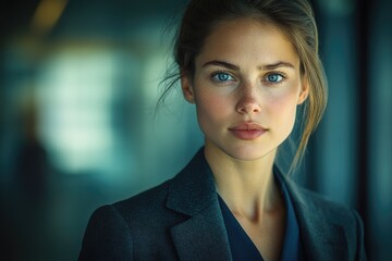 Obraz premium A young woman with blue eyes and freckles, wearing a dark blazer, looks directly at the camera.