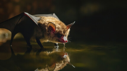Obraz premium Close-up of a curious bat drinking water at dusk, showcasing its delicate features and reflections in a serene natural habitat, perfect for wildlife enthusiasts and nature photographers.