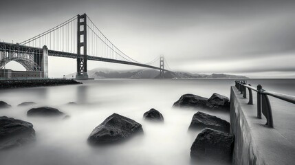 Monochrome view of the Golden Gate Bridge, fog, and rocks on the shore.