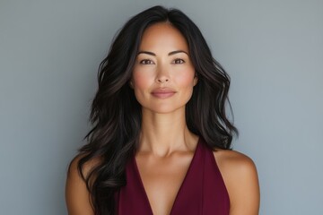 Fototapeta premium A woman with long dark hair and fair skin, wearing a burgundy dress, looks directly at the camera.