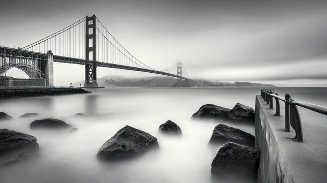 Monochrome view of the Golden Gate Bridge, fog, and rocks on the shore.
