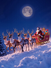 Naklejka premium a Santa Claus in his sleigh pulled by reindeer. Genera tive ai.