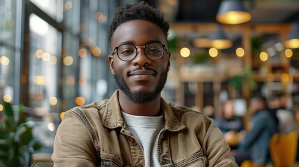 Fototapeta premium Portrait of a smiling young African American man in a cafe.