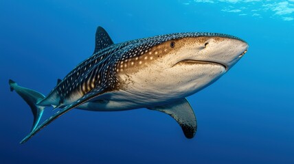 Naklejka premium A majestic whale shark glides gracefully through the deep blue ocean, showcasing its distinctive spotted skin and wide mouth.
