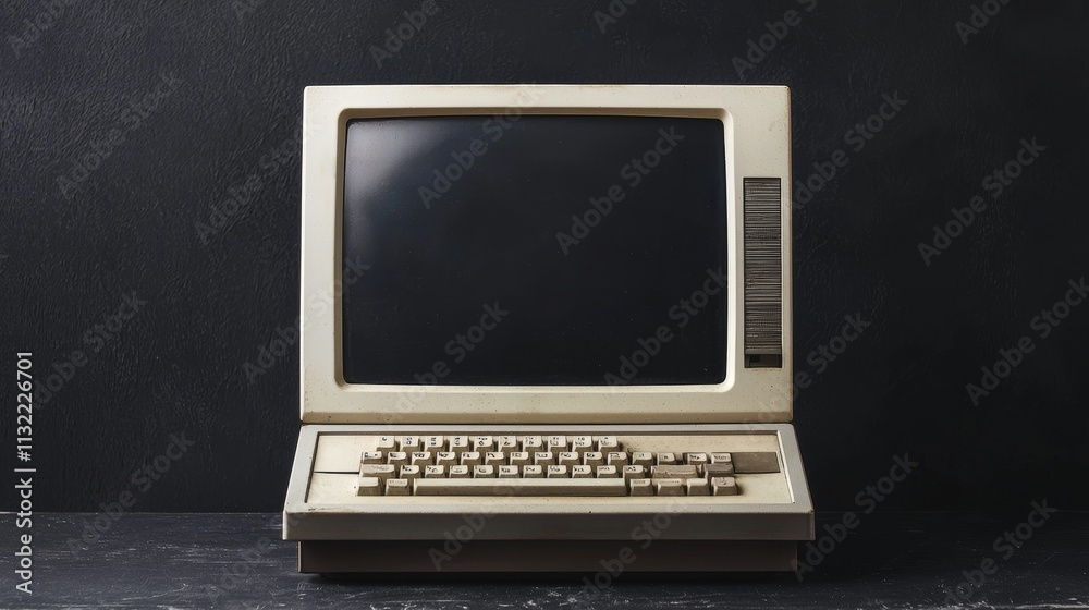 Wall mural retro computer monitor on black background with copy space