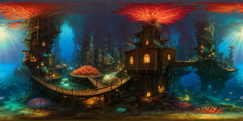 Full 360 degrees seamless spherical panorama HDRI equirectangular projection of A BioShock underwater cityscape. Texture environment map for lighting and reflection source rendering 3d scenes.	
