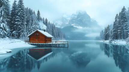 Obraz premium A cabin is surrounded by snow and a lake. The cabin is red and has a chimney. The lake is calm and peaceful