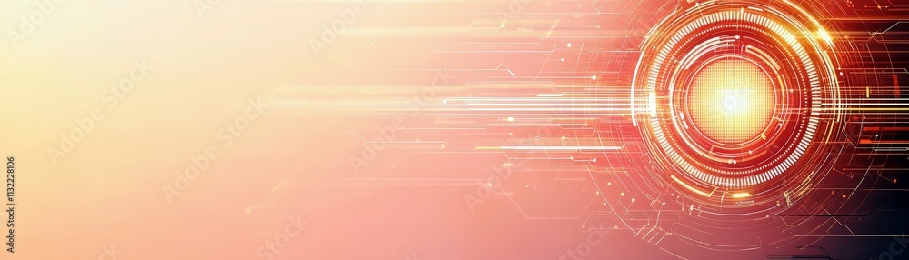 Poster futuristic abstract background with glowing circular patterns, light trails, and warm color gradient
